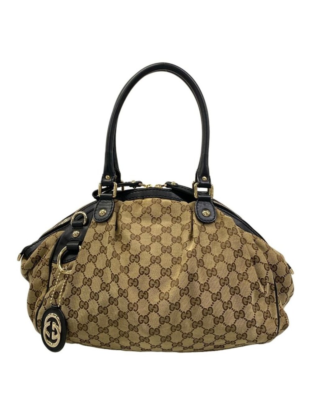 Gucci Handbag Sukey GG Pattern Beige Dark Brown Black Leather